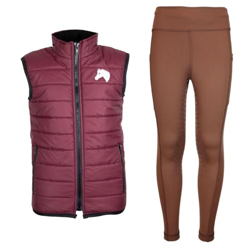 MS-Trachten Reitset Winter Kinder Reitweste Moni Maroon gesteppt mit Reitleggings Amy Braun (122/128) von MS-Trachten