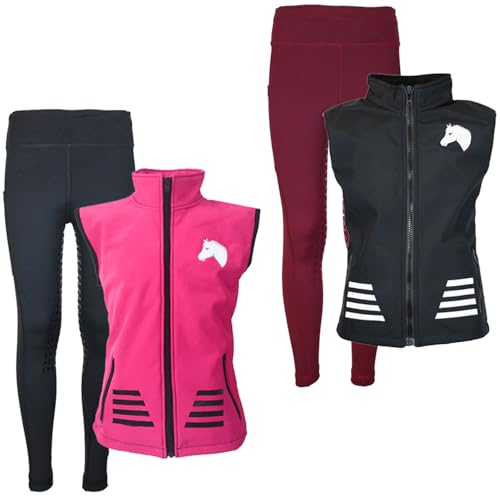 MS-Trachten Reitset Kinder Reitweste Softshell Juli Schwarz mit Silikon-Vollbesatz Reitleggings Maroon (122/128) von MS-Trachten