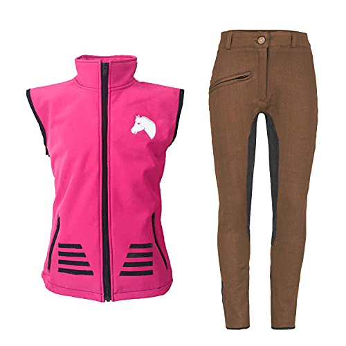 MS-Trachten Reitset Kinder Softshell Reitweste Juli pink Meshfutter mit Reithose braun (122-128) von MS-Trachten