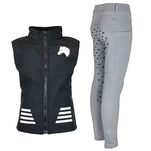 MS-Trachten Reitset Kinder Softshell Reitweste Juli schwarz mit Reitlegging Hanni hellgrau (140) von MS-Trachten