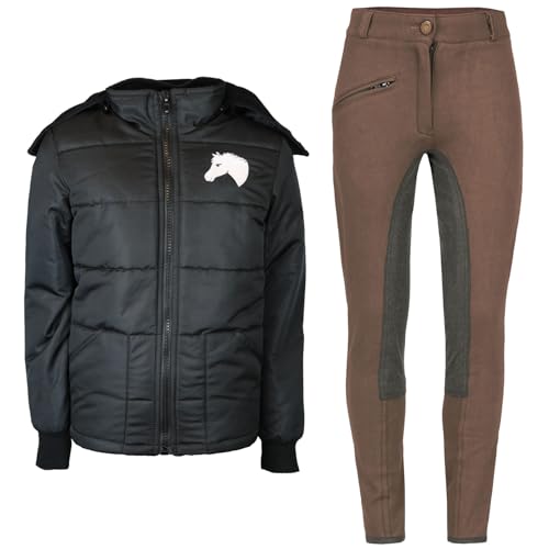 MS-Trachten Reitset Reithose braun Kinder Reitjacke Mia schwarz gesteppt Fleecefutter (134/140) von MS-Trachten