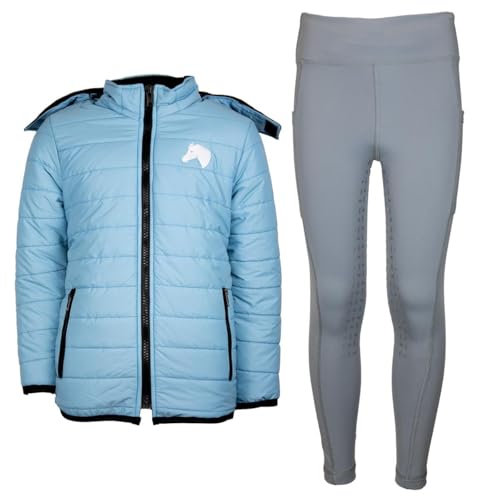 MS-Trachten Reitset Winter Kinder Reitjacke Moni Hellblau gesteppt mit Reitleggings Amy Grau (158/164) von MS-Trachten