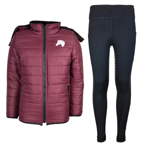 MS-Trachten Reitset Winter Kinder Reitjacke Moni Maroon gesteppt mit Reitleggings Amy Schwarz (158/164) von MS-Trachten