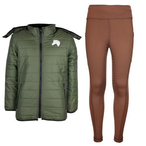 MS-Trachten Reitset Winter Kinder Reitjacke Moni Oliv gesteppt mit Reitleggings Amy Braun (146/152) von MS-Trachten