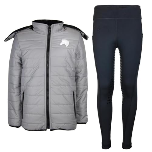 MS-Trachten Reitset Winter Kinder Reitjacke Moni Silber gesteppt mit Reitleggings Amy Schwarz (122/128) von MS-Trachten