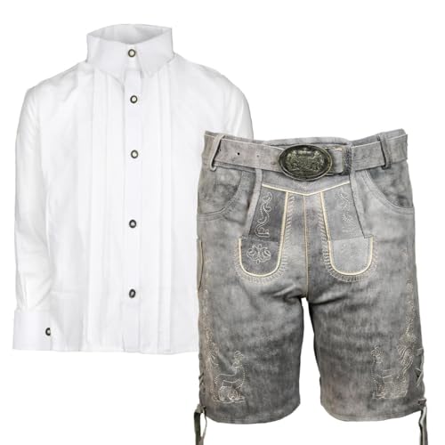 MS-Trachten Trachtenset Kinder Lederhose Till Grau mit Hemd Weiß (128) von MS-Trachten