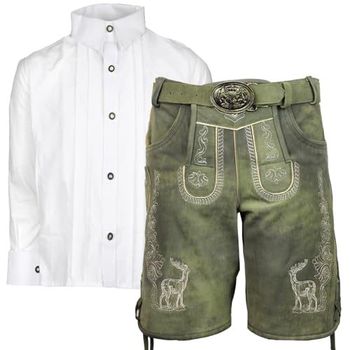 MS-Trachten Trachtenset Kinder Lederhose Thilo Grün mit Hemd Weiß (128) von MS-Trachten