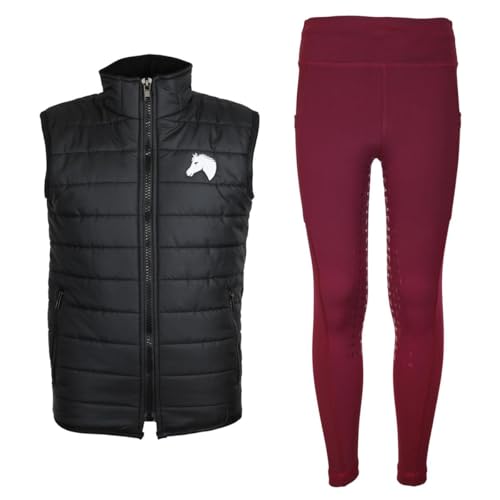 Reitset Winter Kinder Reitweste Moni Schwarz gesteppt mit Reitleggings Amy Bordeaux (146/152) von MS-Trachten