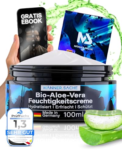 BIO-Aloe-Vera Feuchtigkeitscreme Gesicht Männer & After Shave Herren - riesige 100ml Made in Germany - Gesichtspflege vegan, Gesichtscreme Männer - Hyaluron, Panthenol, Silber, Geschenke für Männer von MS