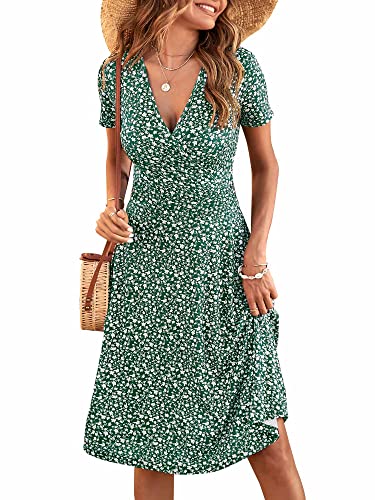 MSBASIC Damen Frühlingskleid für Frauen 2023 Kurzarm Einzigartige Cross Wrap Casual Midi Sonnenkleider, A-grün Floral, X-Groß von MSBASIC