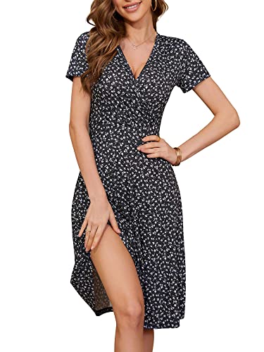 MSBASIC Damen Frühlingskleid für Frauen 2023 Kurzarm Einzigartige Kreuzwickel Casual Midi Sonnenkleider, A-black Floral, Mittel von MSBASIC