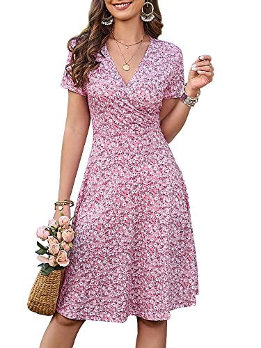 MSBASIC Damen Frühlingskleid für Frauen 2023 Kurzarm Einzigartige Kreuzwickel Casual Midi Sonnenkleider, A-rosa Blumenmuster, Mittel von MSBASIC