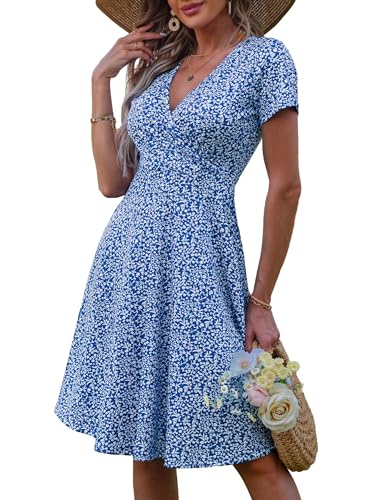 MSBASIC Damen Kurzärmeliges Wickelkleid mit V-Ausschnitt, lässiges Midi-Kleid mit Taschen, Blau Blumen-3, Groß von MSBASIC