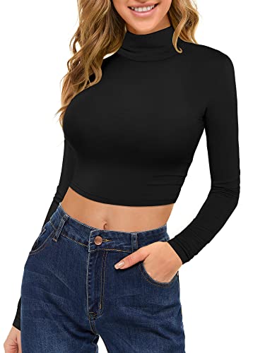 MSBASIC Langärmeliges Damen-T-Shirt mit Rollkragen, bauchfrei, schmale Passform, Schwarz, Mittel von MSBASIC