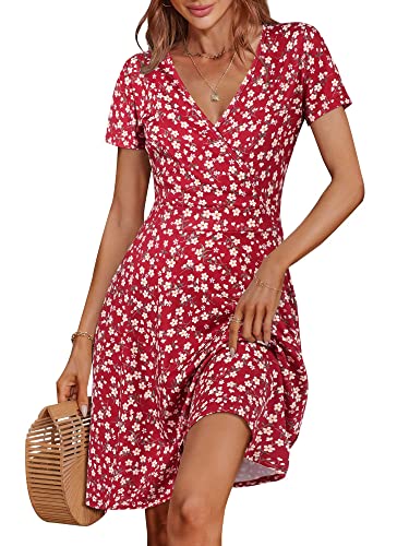 MSBASIC Damen Midi-Kleid mit kurzen Ärmeln, V-Ausschnitt, lässig, mit Taschen, Rot/Blumenmuster, Groß von MSBASIC