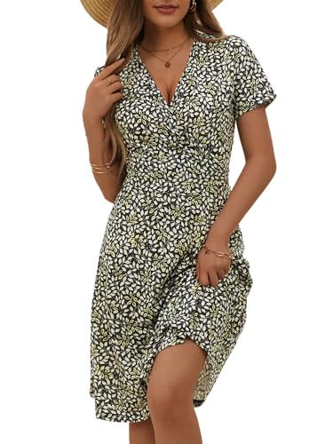 MSBASIC Damen-Sommerkleid, Wickelkleid, V-Ausschnitt, lässig, Blumenmuster, kurzärmelig, A-Linie, Midi-Sommerkleid, Floral-112, Klein von MSBASIC