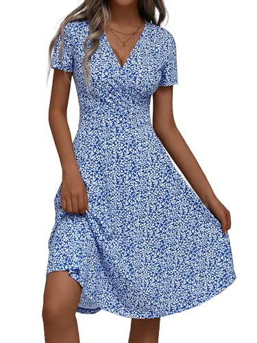 MSBASIC Damen-Sommerkleid, Wickelkleid, V-Ausschnitt, lässig, Blumenmuster, kurzärmelig, A-Linie, Midi-Sommerkleid, Floral-100, Groß von MSBASIC