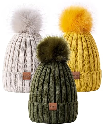 MSDC Beanie Mütze Damen mit Bommel 3 Stück, Mütze Damen Winter Modisch Gestrickte Warme Totenkopfmütze, Mütze Damen für Kaltes Wetter(Beige+Armeegrün+Gelb) von MSDC