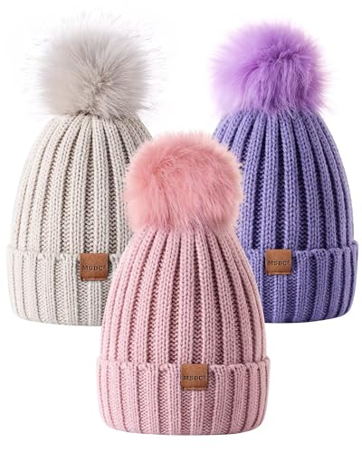 MSDC Beanie Mütze Damen mit Bommel 3 Stück, Mütze Damen Winter Modisch Gestrickte Warme Totenkopfmütze, Mütze Damen für Kaltes Wetter(Beige+Rosa+Violett) von MSDC