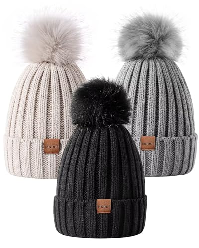 MSDC Beanie Mütze Damen mit Bommel 3 Stück, Mütze Damen Winter Modisch Gestrickte Warme Totenkopfmütze, Mütze Damen für Kaltes Wetter(Schwarz+Beige+Grau) von MSDC