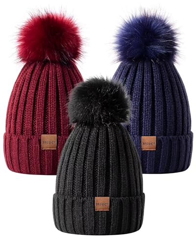 MSDC Beanie Mütze Damen mit Bommel 3 Stück, Mütze Damen Winter Modisch Gestrickte Warme Totenkopfmütze, Mütze Damen für Kaltes Wetter(Schwarz+Marine+Burgund) von MSDC