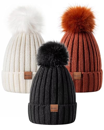MSDC Beanie Mütze Damen Mit Bommel 3 Stück, Modisch Gestrickte Warme Totenkopfmütze für Winter und Kaltes Wetter (Schwarz+Weiß+Dunkelorange) von MSDC