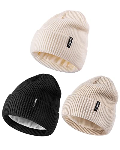 MSDC Beanies Women 3 Pack, Winter Hats for Women Men Fleece Lined Knit Warm Thermal for Cold Weather, Beanie for Women Fashionable Skull Cap(Black+White+Beige) von MSDC