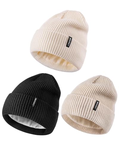 MSDC Unisex Beanies 3er Pack, Wintermützen für Frauen und Männer, Fleece gefüttert, warm, thermisch für kaltes Wetter, modische Totenkopfmütze (Schwarz + Weiß + Beige) von MSDC