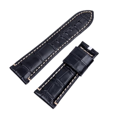 MSEURO Krokodilmuster echtes Bambus -Lether -Uhrband -kompatibel for Panerai -Riemen PAM441 Armband Schmetterlingsschnalle Gravur 24mm 26 mm (Color : Black Beige, Size : 24MM PAM_BLK FOLDING) von MSEURO