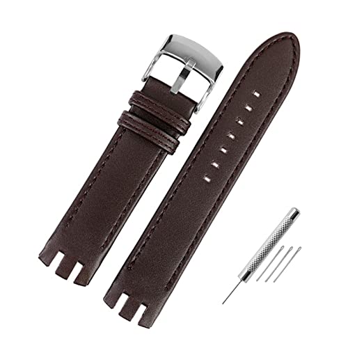 MSEURO Leder Doppelgekerbter Armband Leder Watchband 401402409713ytb400 Uhrengurt 20mm Herrenbeobachtungskette kompatibel for Swatch kompatibel (Color : Brown silver, Size : 20mm) von MSEURO