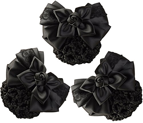 LiveZone (Pack of 3) Women Hair Bun Cover Net Snood Hairnet Bowknot Decor Barrette Hair Clip Bow Lace Flower Hair Accessories,Black von MSFANGHU