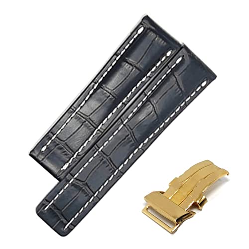 MSGBTGJM CAREG Uhren-Band-kompatibel mit Breitling Echtes Echtleder Männer Watch-Armbanduhr Zubehör Uhr Armband Gürtel Durable(Black-Gold Buckle2,24mmWithLOGO) von MSGBTGJM