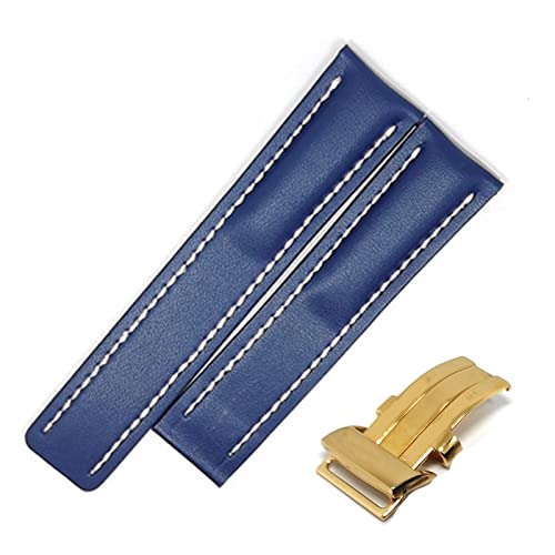 MSGBTGJM CAREG Uhren-Band-kompatibel mit Breitling Echtes Echtleder Männer Watch-Armbanduhr Zubehör Uhr Armband Gürtel Durable(Blue-Gold Buckle1,22mmWithLOGO) von MSGBTGJM