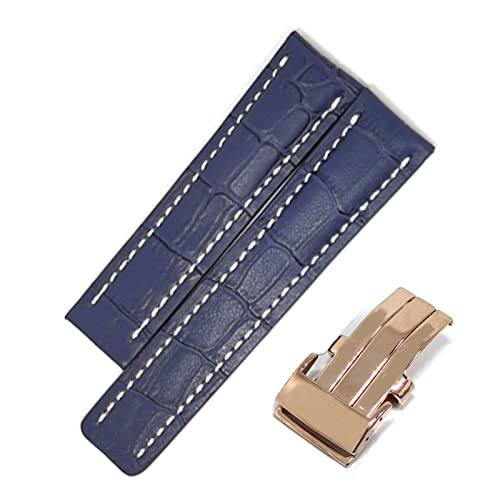 MSGBTGJM CAREG Uhren-Band-kompatibel mit Breitling Echtes Echtleder Männer Watch-Armbanduhr Zubehör Uhr Armband Gürtel Durable(Blue-Rose Buckle2,20mmWithLOGO) von MSGBTGJM
