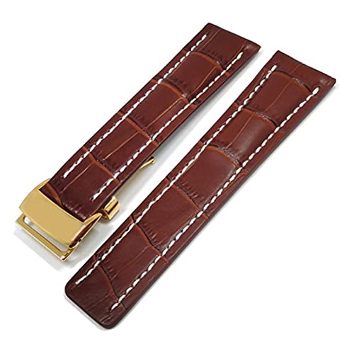 MSGBTGJM CAREG Uhren-Band-kompatibel mit Breitling Echtes Echtleder Männer Watch-Armbanduhr Zubehör Uhr Armband Gürtel Durable(Brown-Gold Buckle2,22mmWithLOGO) von MSGBTGJM