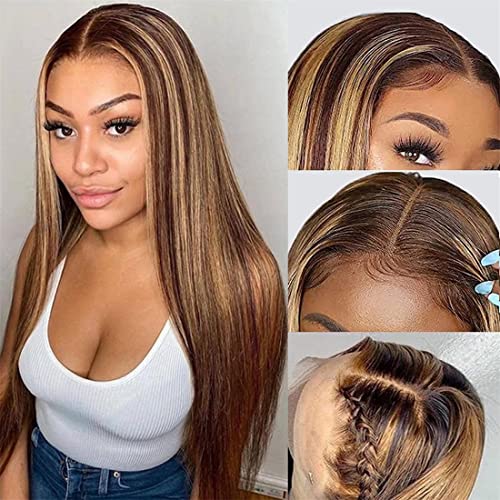 Highlight 4/27 Lace Front Wigs Human Hair 30 inch MSGEM Brazilian Straight 4/27 13x6 T Part Lace Front Wig for Black Women Pre Plucked with Baby Hair 150% Density von MSGEM