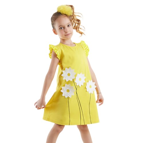 MSHB&G MSB&G Mädchenkleid, Gelbes Gänseblümchen Kleid Für Mädchen, Baumwolle Sommerkleid mit 3D Gänseblümchen-Applikationen, Gepunktete, Gerüschte Schultern, Maschinenwaschbar, 3 bis 9 Jahre | 7 Alter von MSHB&G