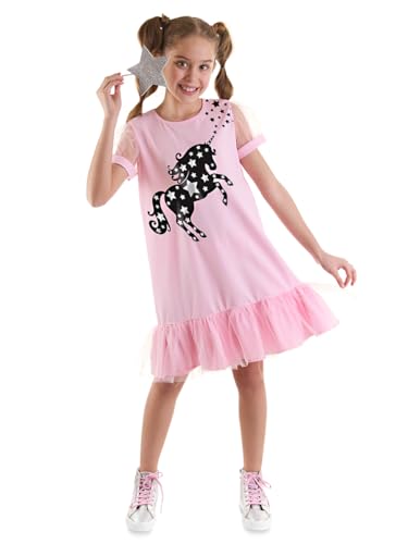 MSHB&G Mädchenkleid, Bequemes Baumwolle Mädchen Kleid mit Rüschen, Rosafarbenes Tüll Einhorn und Sternenkleid, Stilvolles Jersey Kleid für Mädchen, Waschbar, 3 bis 9 Jahre | 9 Alter von MSHB&G