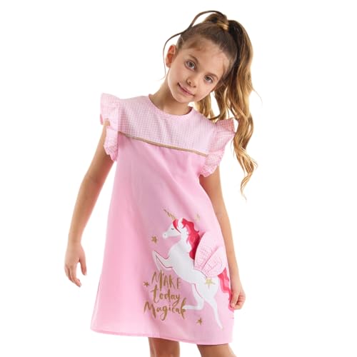 MSHB&G Mädchenkleid, Einhorn-Regenbogen-Popeline-Kleid, 100% Baumwoll-Popeline, lässiges Sommerkleid mit Einhorn-Druck, 3D-Einhornflügel, gerüschter Armschnitt, von 3–9 Jahren | 5 Alter von MSHB&G