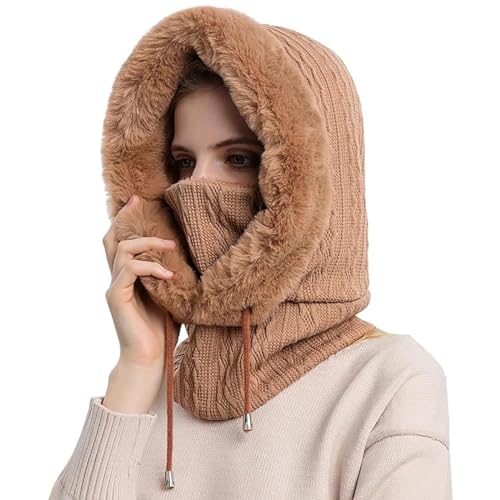 MSIHEY 2 in 1 Winddicht Schalmütze, Frauen Flanell Schalmütze Winter Warm Strickmütze Schal für Outdoor WintermüTze Cycling Headwear Cap Ohrschutz Nackenwärmer Winddicht Hut Schal (Khaki) von MSIHEY