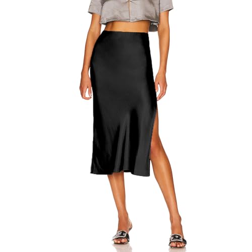 MSINMINW Satin Rock Damen Midi Rock Hohe Taille Schlitz Midi Damen Elegant Elastischer Bund Party A-Linie Röcke von MSINMINW