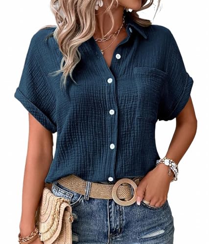 MSIYOW Bluse Damen Sommer Musselin Bluse Hemd Damenblusen Tunika Elegant Sommerblusen Kurzarm Blusenshirt (2XL, Dunkelblau) von MSIYOW
