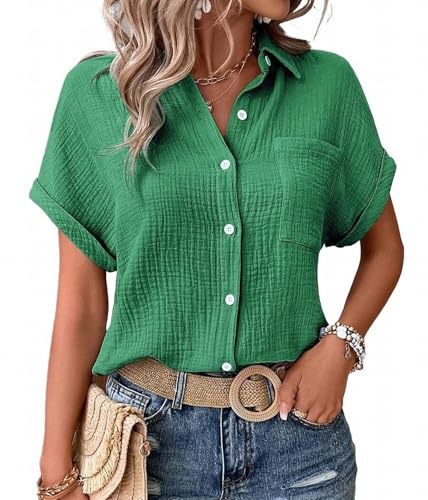 MSIYOW Bluse Damen Sommer Musselin Bluse Hemd Damenblusen Tunika Elegant Sommerblusen Kurzarm Blusenshirt (2XL, Grün) von MSIYOW