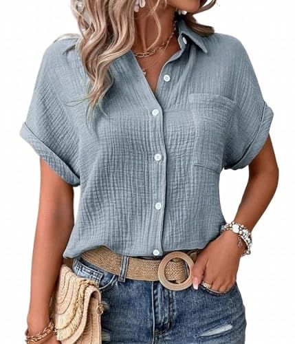MSIYOW Bluse Damen Sommer Musselin Bluse Hemd Damenblusen Tunika Elegant Sommerblusen Kurzarm Blusenshirt (L, Blaugrau) von MSIYOW