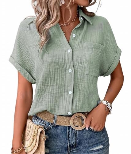 MSIYOW Bluse Damen Sommer Musselin Bluse Hemd Damenblusen Tunika Elegant Sommerblusen Kurzarm Blusenshirt (L, Hellgrün) von MSIYOW
