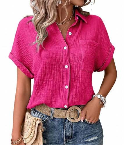 MSIYOW Bluse Damen Sommer Musselin Bluse Hemd Damenblusen Tunika Elegant Sommerblusen Kurzarm Blusenshirt (L, Rosa) von MSIYOW