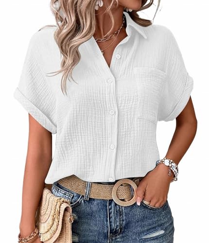 MSIYOW Bluse Damen Sommer Musselin Bluse Hemd Damenblusen Tunika Elegant Sommerblusen Kurzarm Blusenshirt (L, Weiß) von MSIYOW