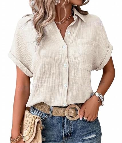 MSIYOW Bluse Damen Sommer Musselin Bluse Hemd Damenblusen Tunika Elegant Sommerblusen Kurzarm Blusenshirt (S, Beige) von MSIYOW