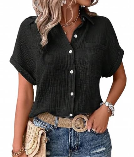 MSIYOW Bluse Damen Sommer Musselin Bluse Hemd Damenblusen Tunika Elegant Sommerblusen Kurzarm Blusenshirt (S, Schwarz) von MSIYOW