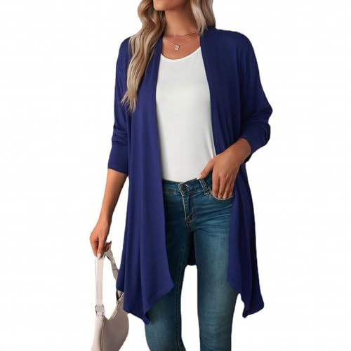 MSIYOW Damen Cardigan Lang Jacke Leicht Sommerjacke Langarm Elastische Cardigan Elegant (L, Dunkelblau) von MSIYOW
